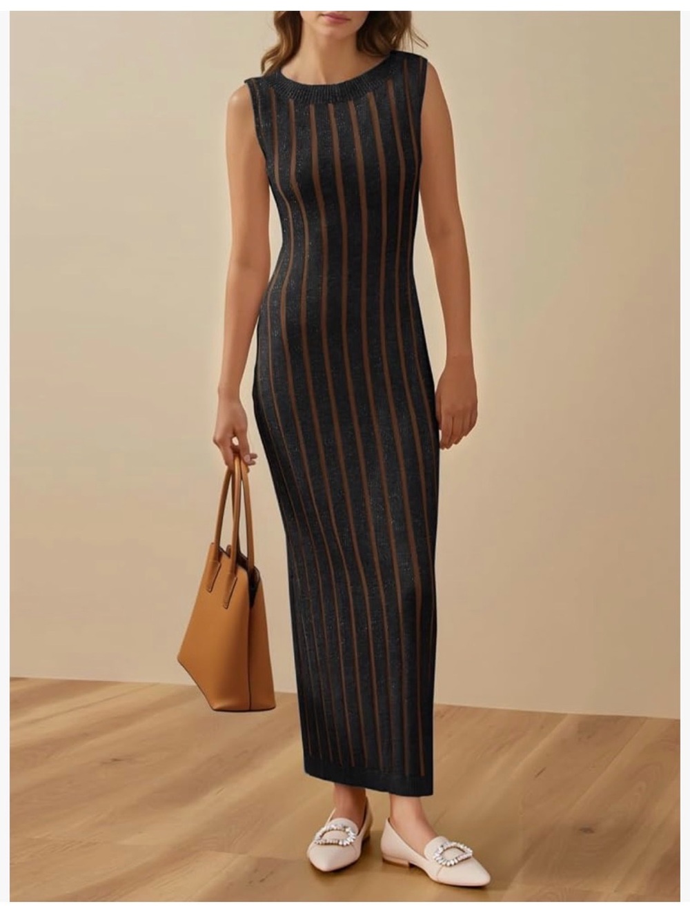 Women’s Ribbed Knit Sleeveless Mock Neck Maxi Dress Black Brown Striped M NWT